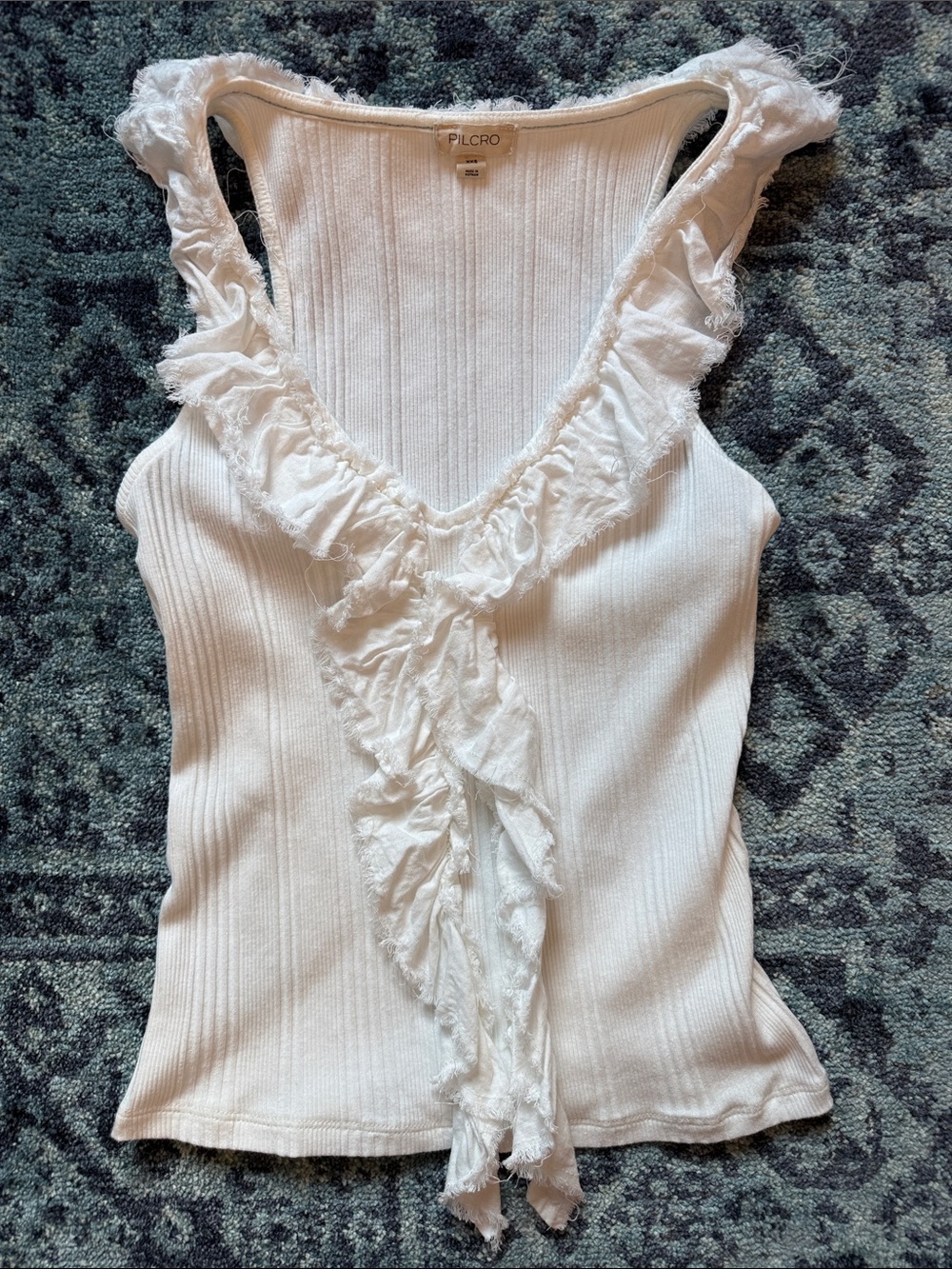 Pilcro White Ribbed Tank with Ruffle V-Neck - Picture 1 of 3